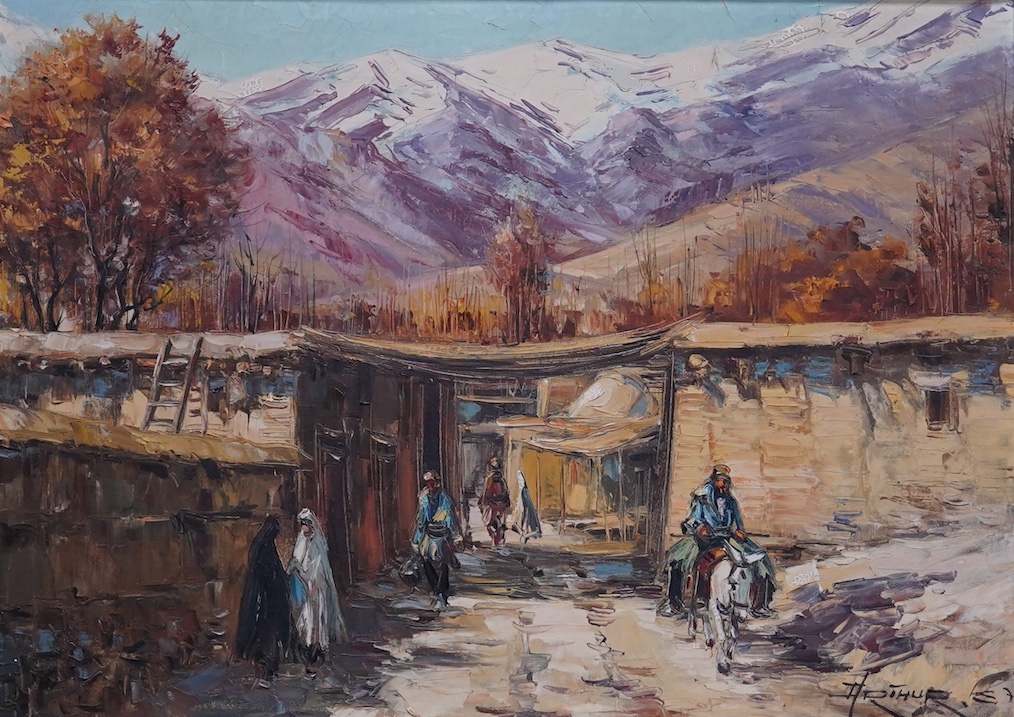 Arthur Sarkissian (Armenian, b.1960), Village near the mountains, Iran, oil on canvas, 49 x 59cm